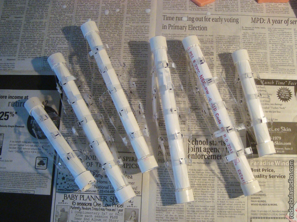 The endoskeleton pieces made of PVC pipe and plastic