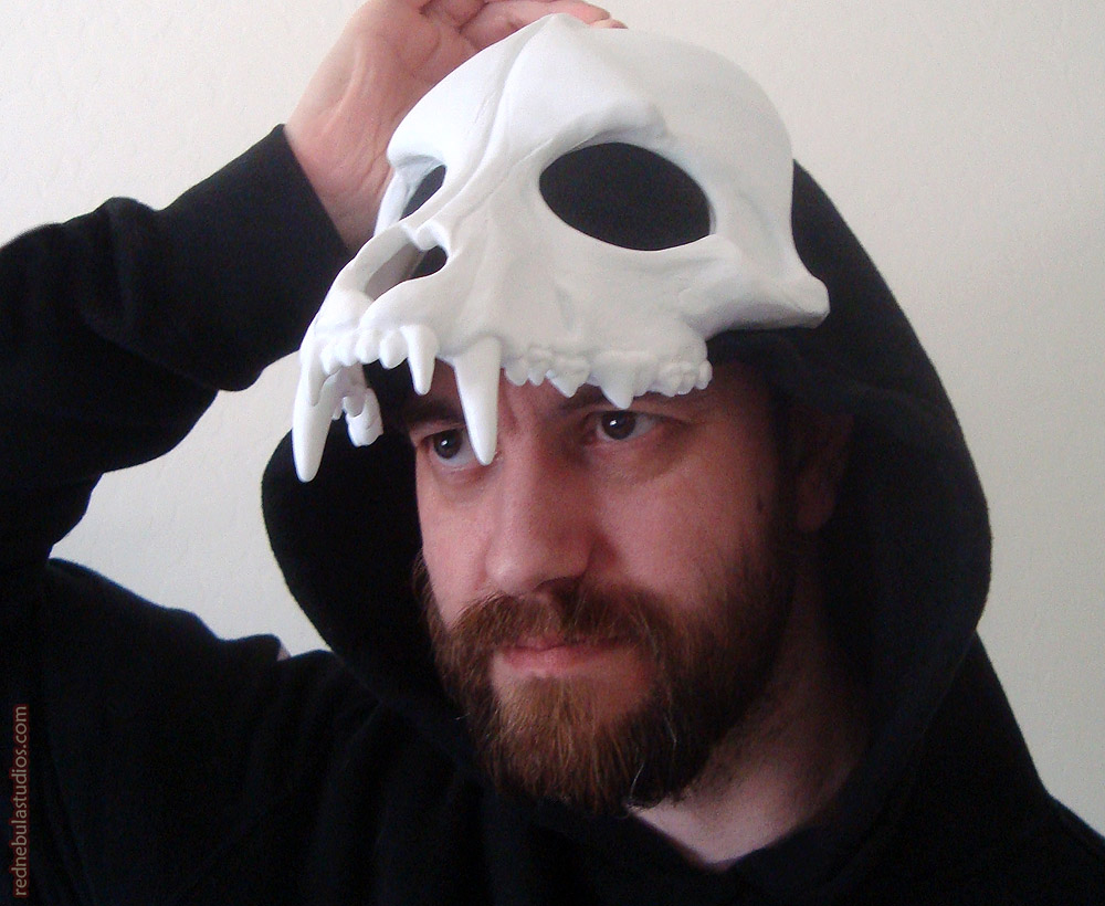 Wolf skull mask blank being worn as a headdress