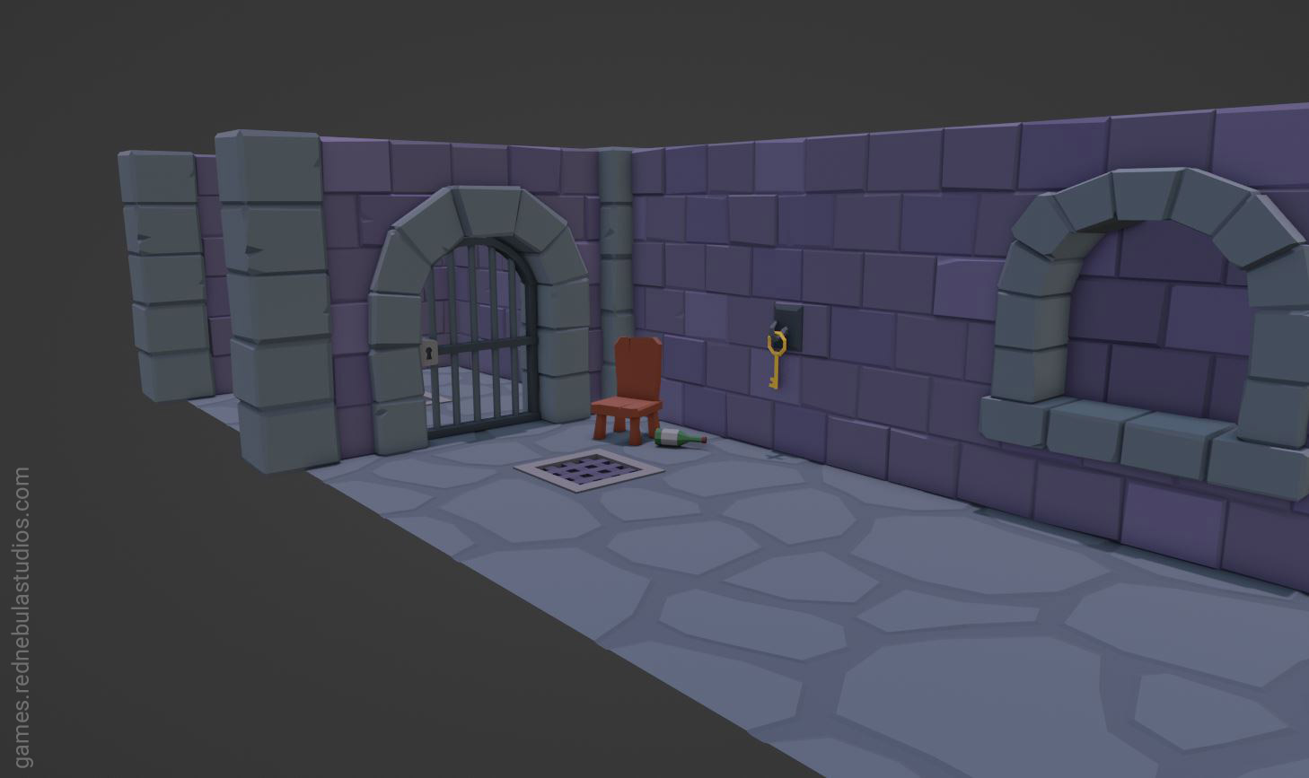 A screenshot of low poly game assets with purple dungeon walls, a cell door, a chair, a wine bottle on its side, and a key on a hook.