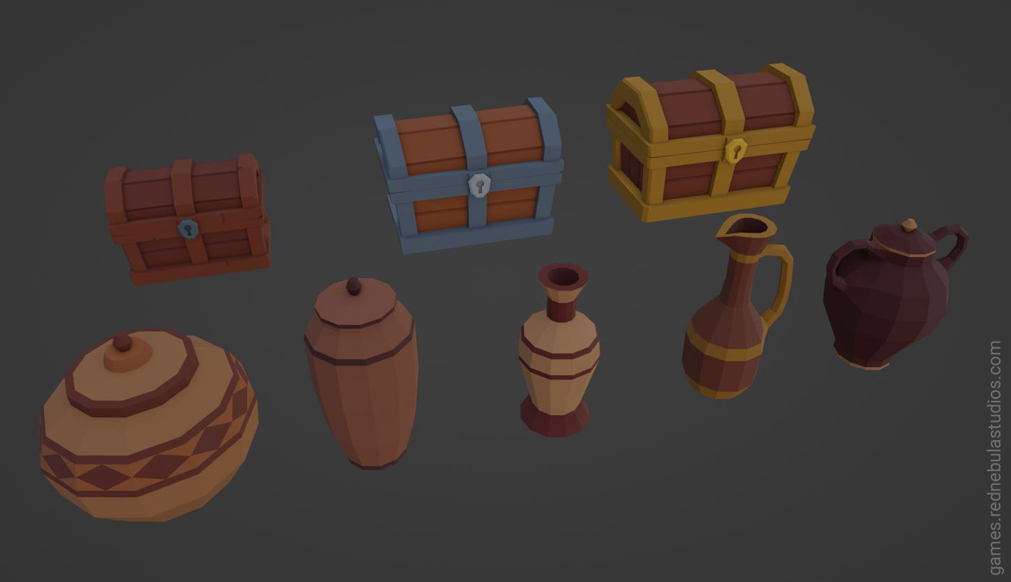 A set of low poly game assets - three treasure chests and five pots in various styles.