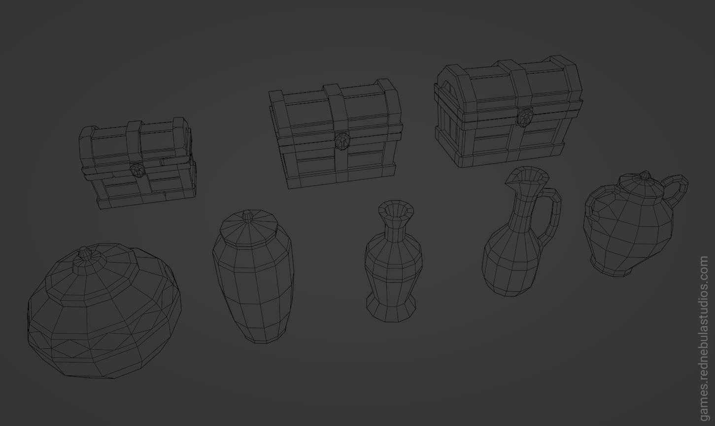 The same set of treasure chests and pots from the last screenshot, but shown in wireframe mode.