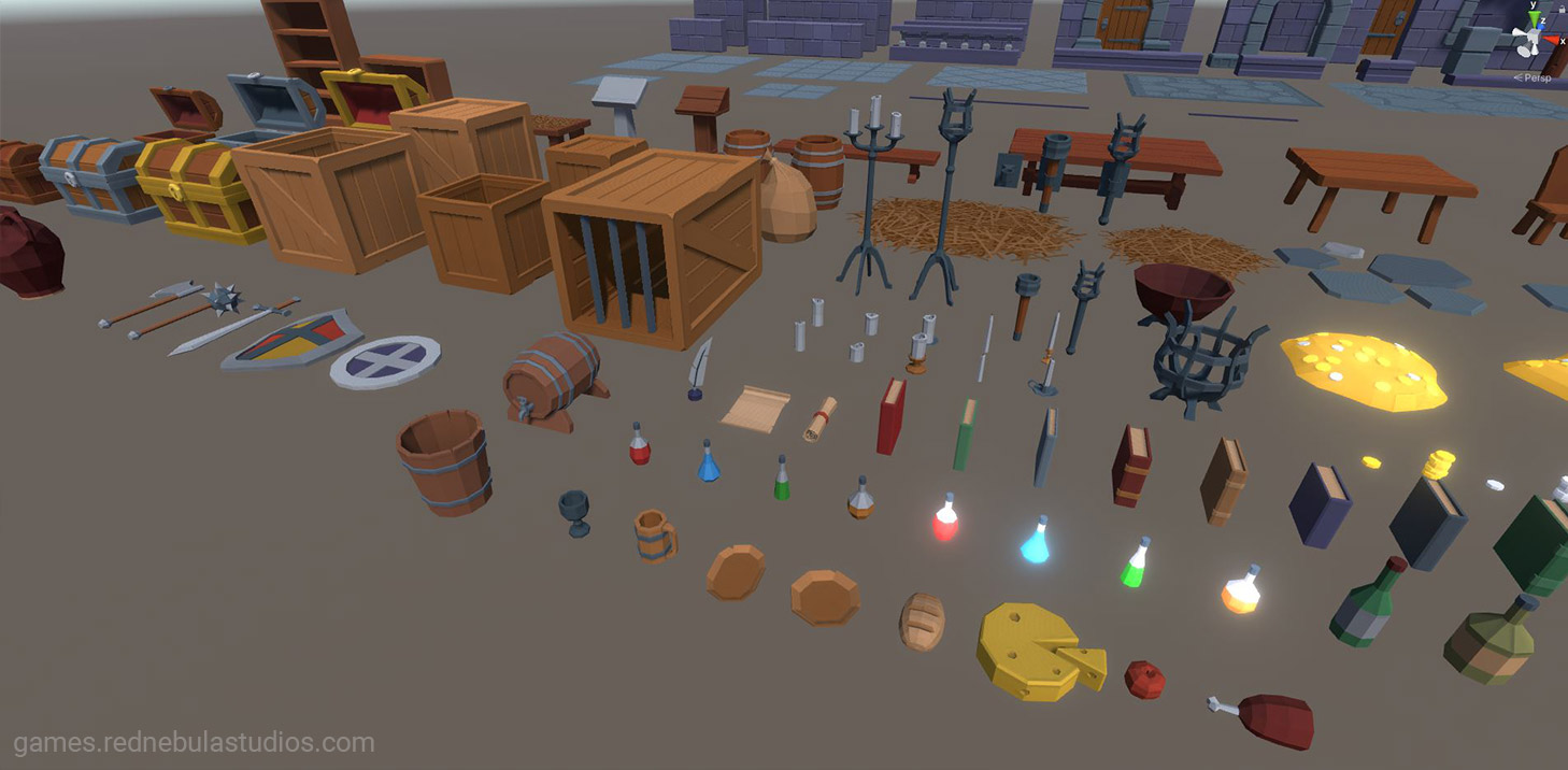 A close up of several of the 3d game asset models, including chests, crates, books, candles, food, furniture, and several other items.