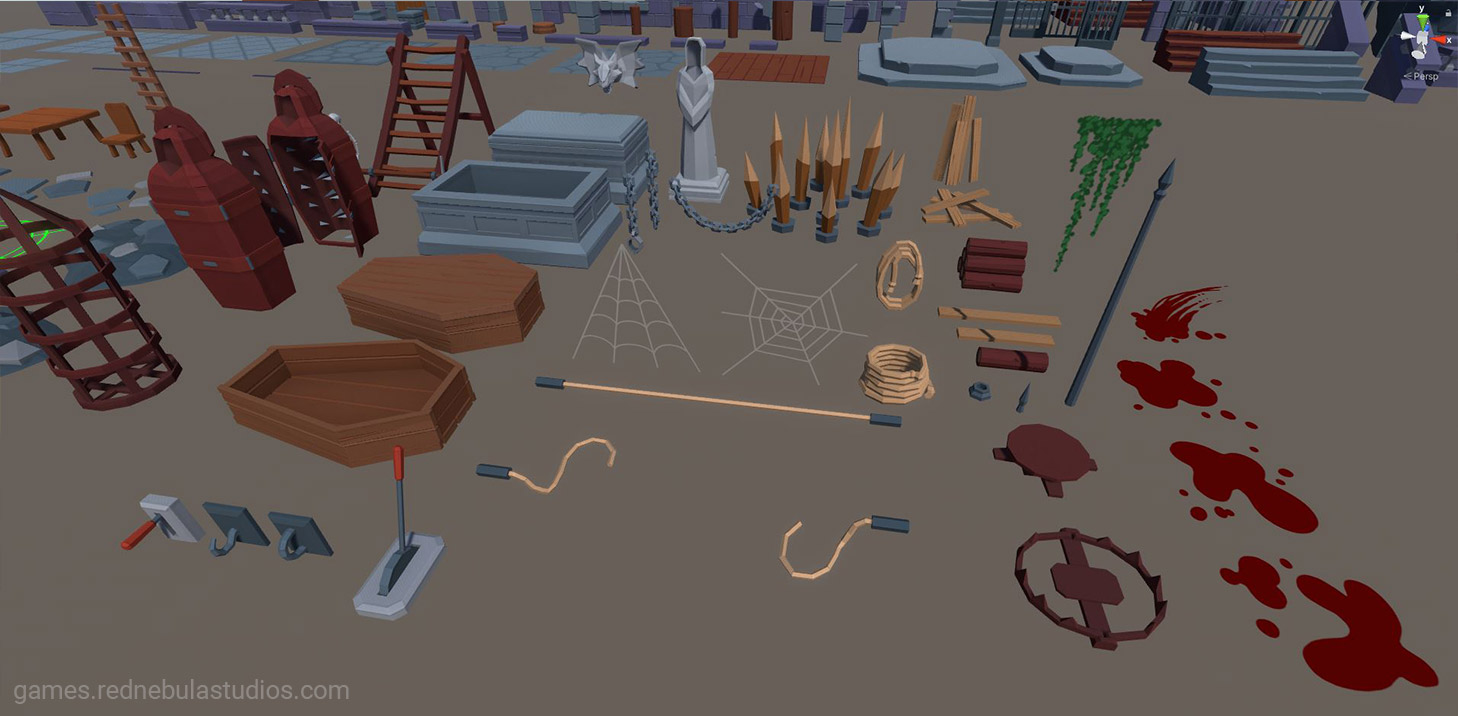 A close up of several of the 3d game asset models, including coffins, statues, traps, switches, rope, blood splatters, spiderwebs, and more.