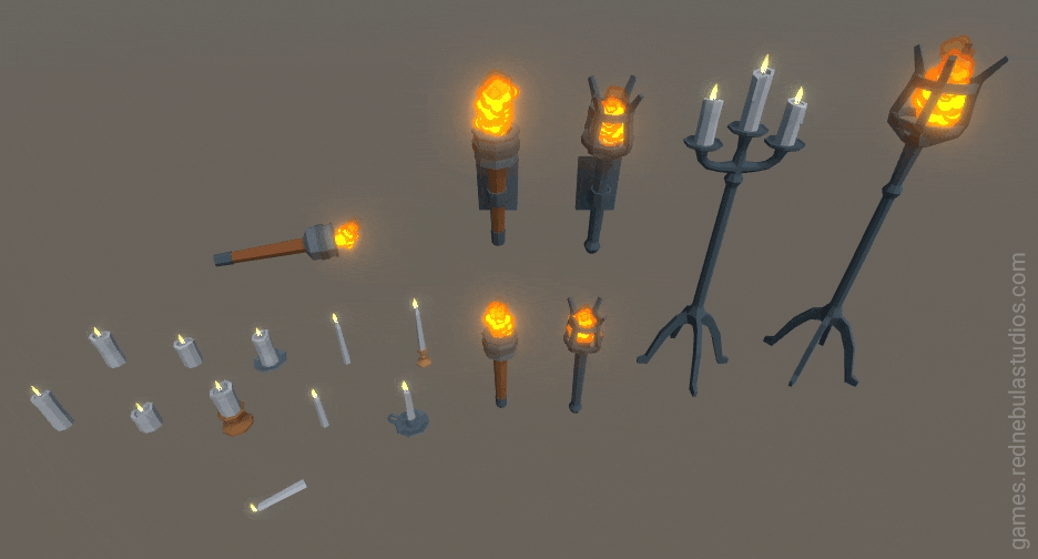 Several low poly 3d models of torches, sconces, and candles, with animated flame effects.