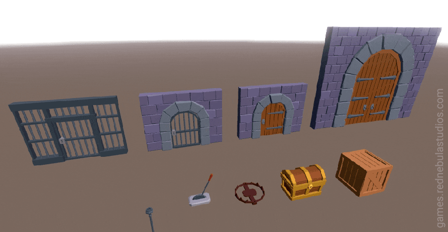 Several low poly 3d models of doors, a chest, a crate, a bear trap, a lever, and a spike trap, displaying their animations.