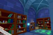 A cartoon-style medieval dungeon scene of a library with high vaulted ceilings, bookshelves, and a magical orb and magic symbol on the ground.