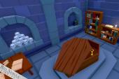 A cartoon-style medieval dungeon crypt scene with an open wooden coffin, a couple of bookshelves, a pile of skulls, and a table with some parchment.